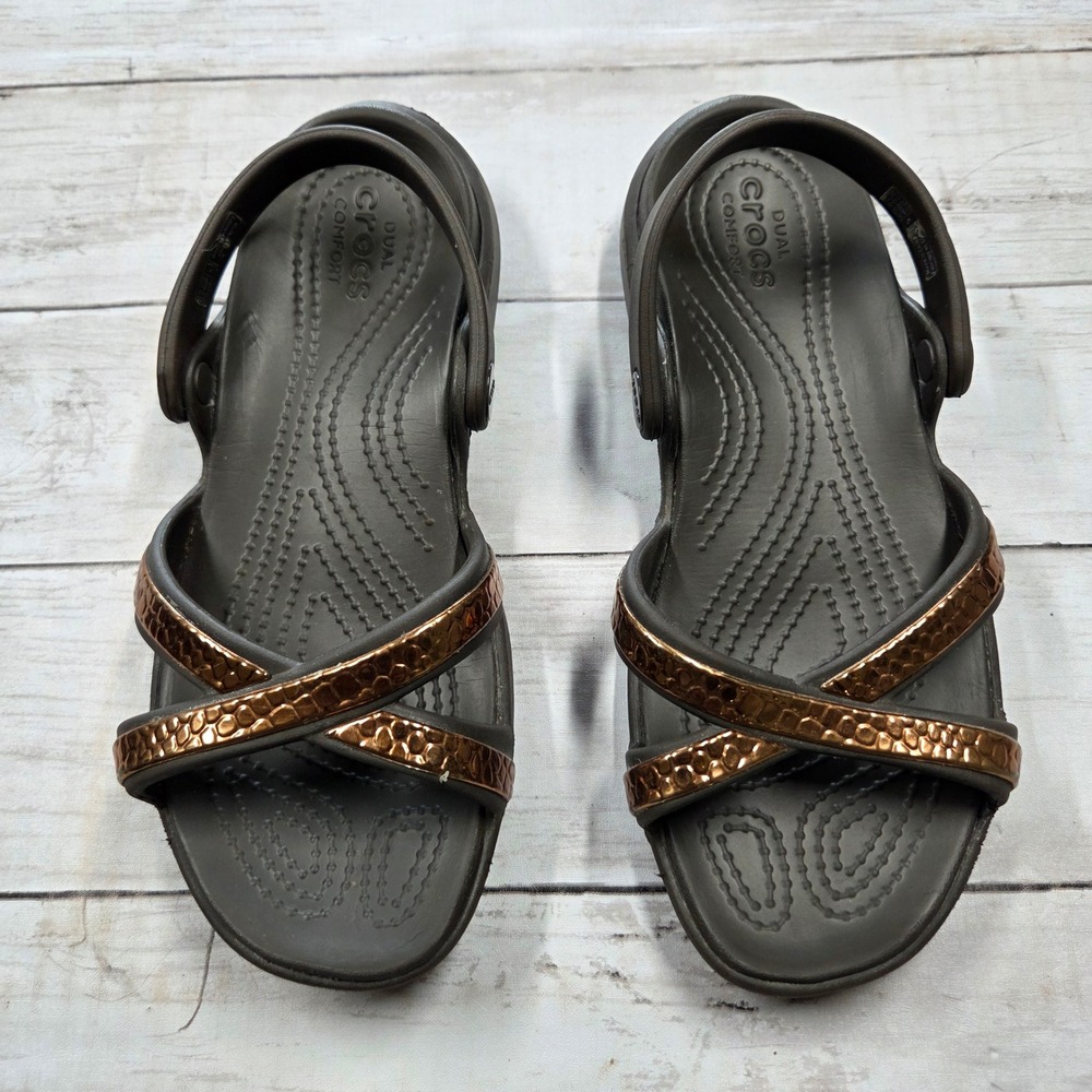 Crocs Meleen Sandal Womens 7 Brown Copper Metallic Strappy Dual Comfort